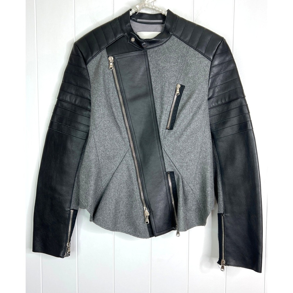 3.1 Phillip Lim Peplum Moto‎ Jacket Lamb Leather and Wool Black/Gray Size 4